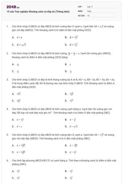 15 câu Trắc nghiệm Khoảng cách có đáp án (Thông hiểu)