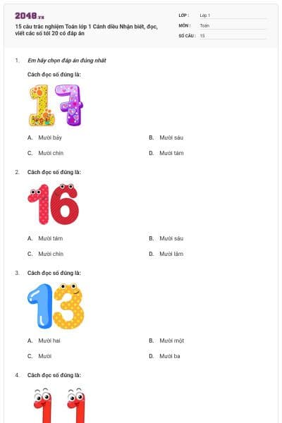 15 câu trắc nghiệm Toán lớp 1 Cánh diều Nhận biết, đọc, viết các số tới 20 có đáp án
