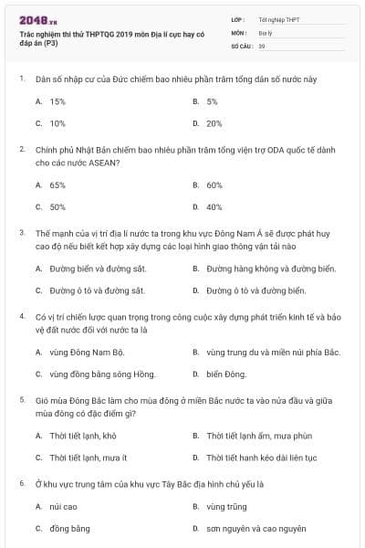 Trắc nghiệm thi thử THPTQG 2019 môn Địa lí cực hay có đáp án (P3)