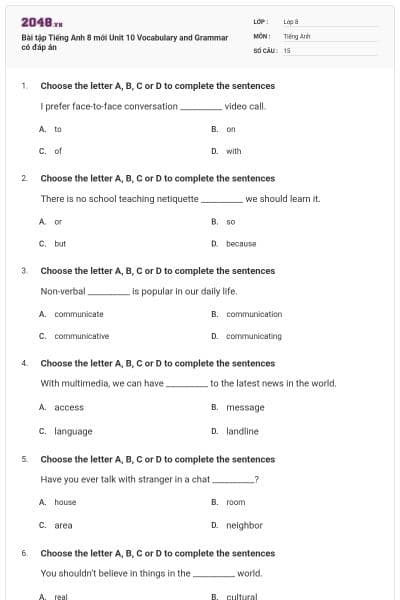 Bài tập Tiếng Anh 8 mới Unit 10 Vocabulary and Grammar có đáp án