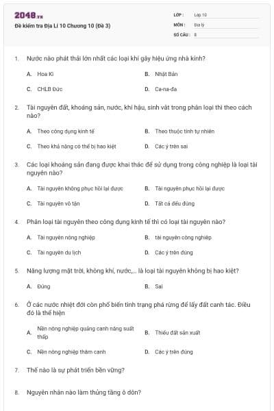 Đề kiểm tra Địa Lí 10 Chương 10 (Đề 3)