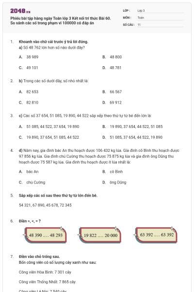 Phiếu bài tập hàng ngày Toán lớp 3 Kết nối tri thức Bài 60. So sánh các số trong phạm vi 100000 có đáp án