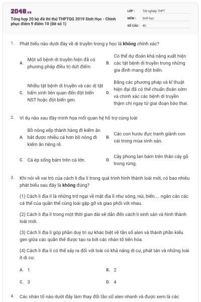Tổng hợp 20 bộ đề thi thử THPTQG 2019 Sinh Học - Chinh phục điểm 9 điểm 10 (Đề số 1)