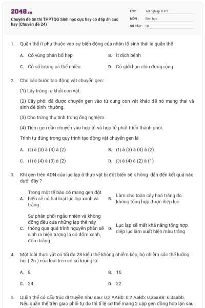 Chuyên đề ôn thi THPTQG Sinh học cực hay có đáp án cưc hay (Chuyên đề 24)
