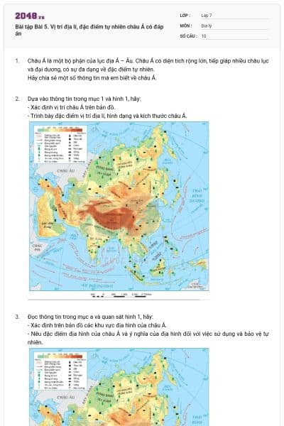 Bài tập Bài 5. Vị trí địa lí, đặc điểm tự nhiên châu Á có đáp án