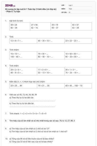 Đề cương ôn tập cuối kì 1 Toán lớp 2 Cánh diều (có đáp án) - Phần II. Tự luận