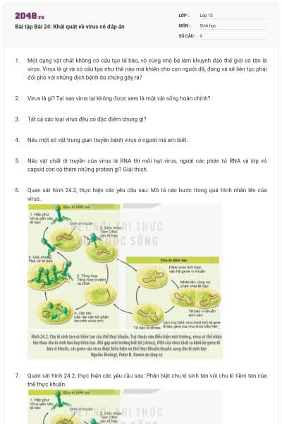 Bài tập Bài 24: Khái quát về virus có đáp án