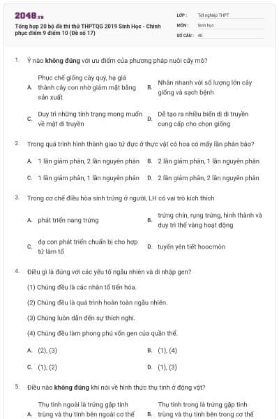 Tổng hợp 20 bộ đề thi thử THPTQG 2019 Sinh Học - Chinh phục điểm 9 điểm 10 (Đề số 17)
