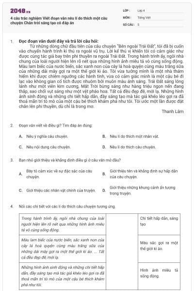 4 câu trắc nghiệm Viết đoạn văn nêu lí do thích một câu chuyện Chân trời sáng tạo có đáp án