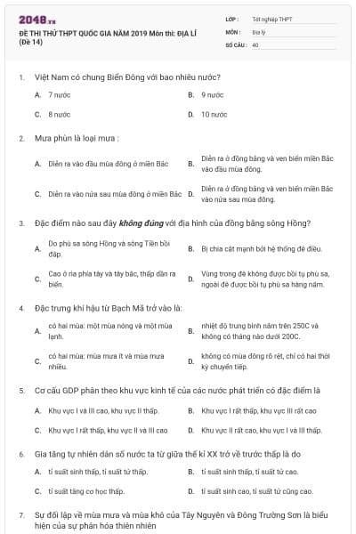ĐỀ THI THỬ THPT QUỐC GIA NĂM 2019 Môn thi: ĐỊA LÍ (Đề 14)