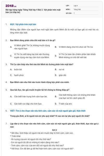 Bài tập hàng ngày Tiếng Việt lớp 4 Bài 2. Vệt phấn trên mặt bàn (có đáp án)