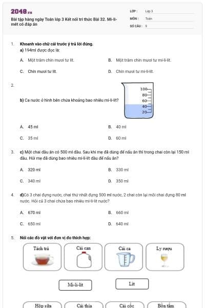 Bài tập hàng ngày Toán lớp 3 Kết nối tri thức Bài 32. Mi-li-mét có đáp án