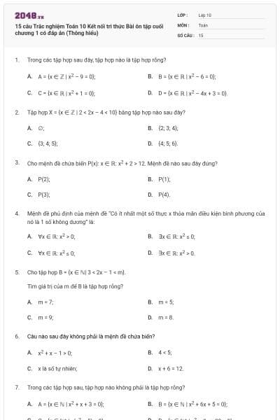 15 câu Trắc nghiệm Toán 10 Kết nối tri thức Bài ôn tập cuối chương 1 có đáp án (Thông hiểu)