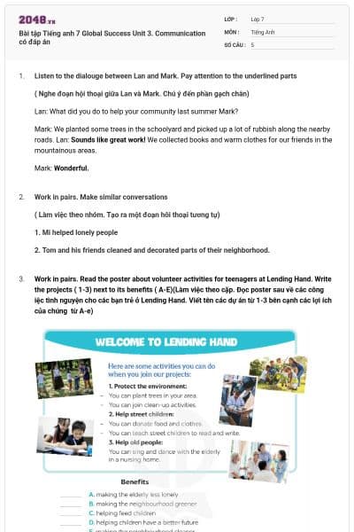 Bài tập Tiếng anh 7 Global Success Unit 3. Communication có đáp án