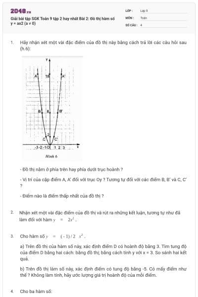 Giải bài tập SGK Toán 9 tập 2 hay nhất Bài 2: Đồ thị hàm số y = ax2 (a ≠ 0)
