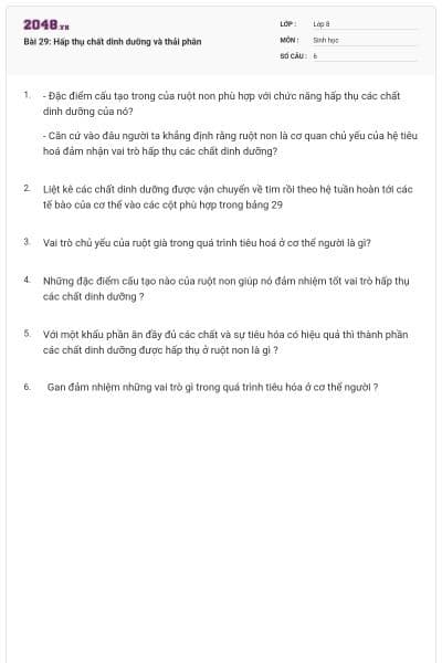 Bài 29: Hấp thụ chất dinh dưỡng và thải phân