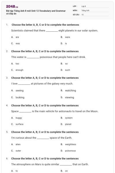 Bài tập Tiếng Anh 8 mới Unit 12 Vocabulary and Grammar có đáp án