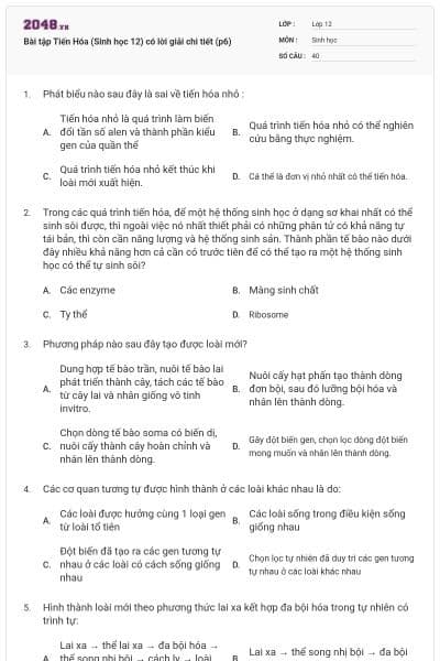 Bài tập Tiến Hóa (Sinh học 12) có lời giải chi tiết (p6)