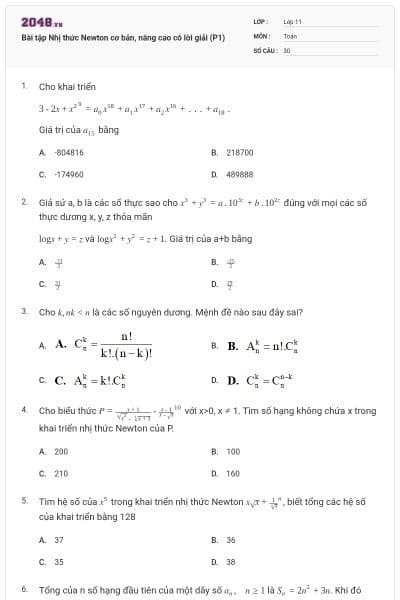 Bài tập Nhị thức Newton cơ bản, nâng cao có lời giải (P1)