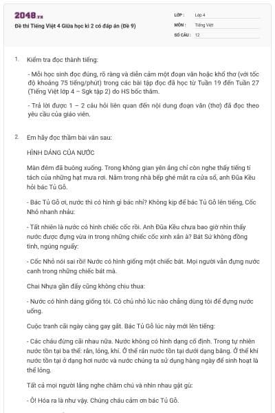 Đề thi Tiếng Việt 4 Giữa học kì 2 có đáp án (Đề 9)