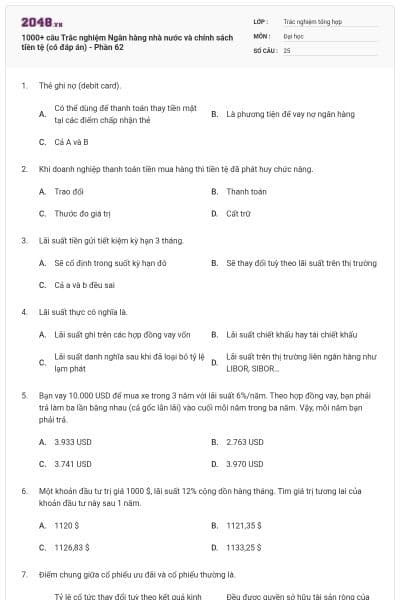 1000+ câu Trắc nghiệm Ngân hàng nhà nước và chính sách tiền tệ (có đáp án) - Phần 62