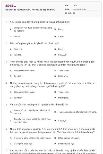 Đề kiểm tra 15 phút GDCD 7 Học kì 2 có đáp án (Đề 4)