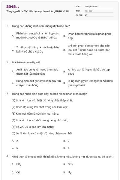 Tổng hợp đề thi Thử Hóa học cực hay có lời giải (Đề số 20)