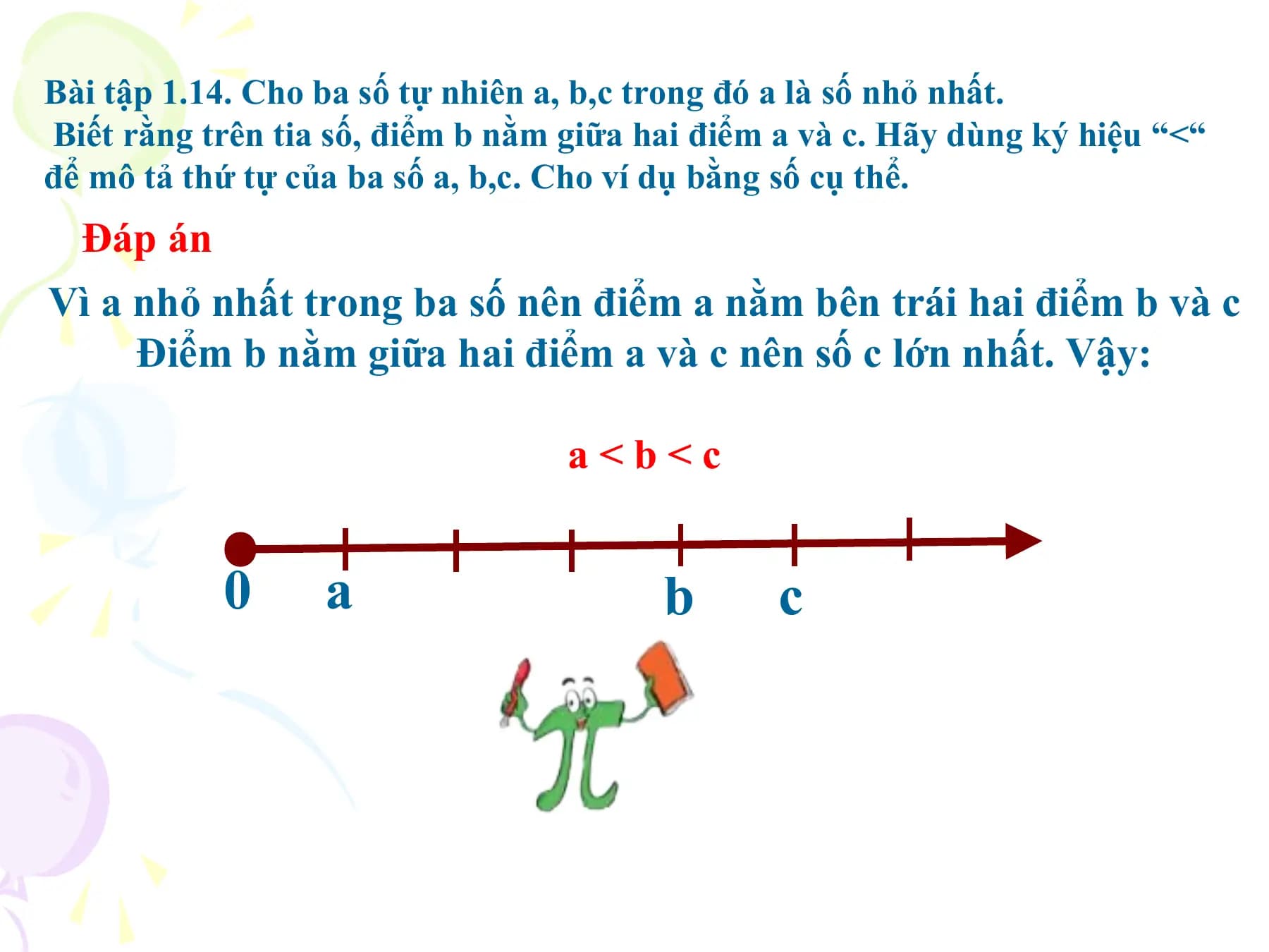 Bài tập 1.14. Cho ba số tự nhiên a, b,c trong đó a là số nhỏ nhất.
Biết rằng trên tia số, điểm b nằm giữa hai điểm a và c. Hãy dùng ký hiệu “<“
để mô tả thứ tự của ba số a, b,c. Cho ví dụ bằng số cụ thể.
 Đáp án
Vì a nhỏ nhất trong ba số nên điểm a nằm bên trái hai điểm b và c
 Điểm b nằm giữa hai điểm a và c nên số c lớn nhất. Vậy:

 a<b<c

 0 a b c