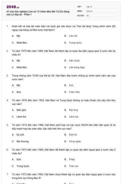 67 câu trắc nghiệm Lịch sử 12 Cánh diều Bài 13 (Có đúng sai) có đáp án - Phần 1