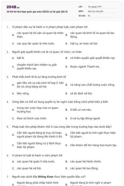 30 Đề thi thử thpt quốc gia môn GDCD có lời giải (Đề 9)