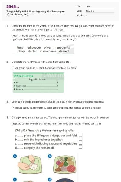 Tiếng Anh lớp 6 Unit 5: Writing trang 69 - Friends plus (Chân trời sáng tạo)