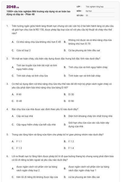 1000+ câu trắc nghiệm Môi trường xây dựng và an toàn lao động có đáp án - Phần 48