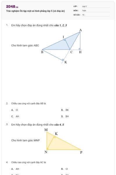 Trắc nghiệm Ôn tập một số hình phẳng lớp 5 (có đáp án)