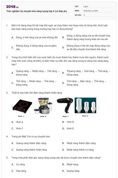 Trắc nghiệm Sự chuyển hóa năng lượng lớp 6 (có đáp án)