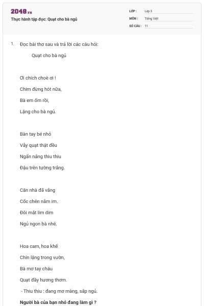 Thực hành tập đọc: Quạt cho bà ngủ