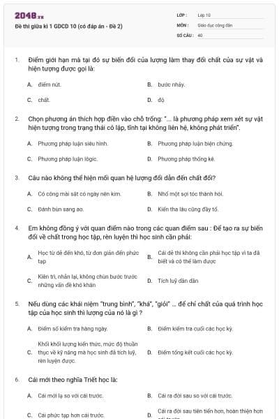 Đề thi giữa kì 1 GDCD 10 (có đáp án - Đề 2)