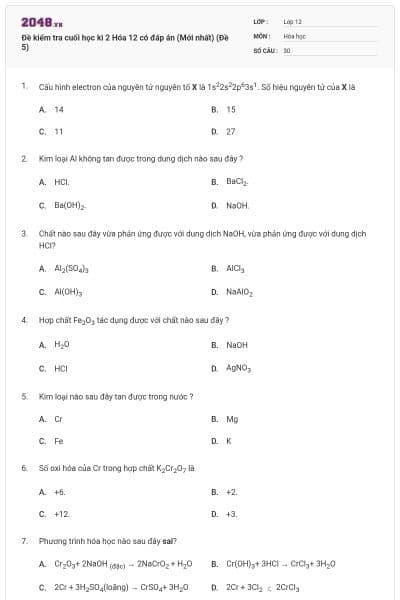 Đề kiểm tra cuối học kì 2 Hóa 12 có đáp án (Mới nhất) (Đề 5)
