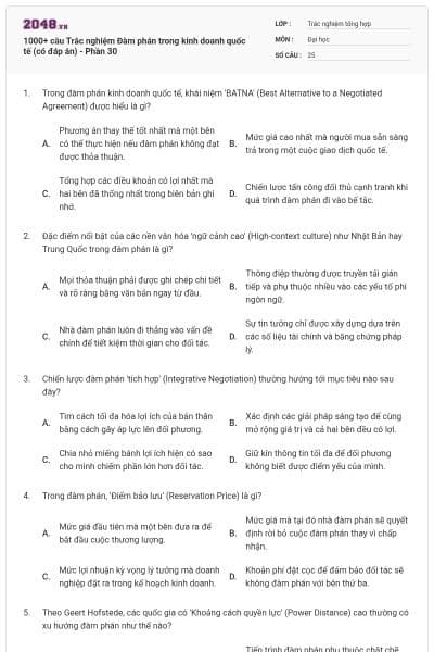 1000+ câu Trắc nghiệm Đàm phán trong kinh doanh quốc tế (có đáp án) - Phần 30