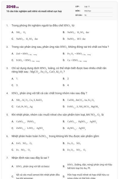 16 câu trắc nghiệm axit nitric và muối nitrat cực hay