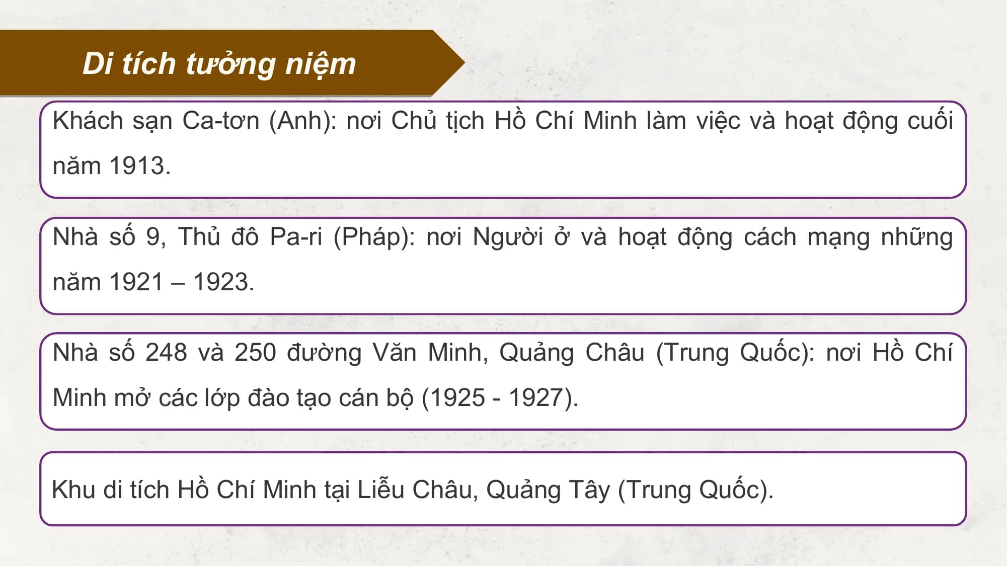 Di tích tưởng niệm
Khách sạn Ca-tơn (Anh): nơi Chủ tịch Hồ Chí Minh làm việc và hoạt động cuối
năm 1913.

Nhà số 9, Thủ đô Pa-ri (Pháp): nơi Người ở và hoạt động cách mạng những
năm 1921 – 1923.

Nhà số 248 và 250 đường Văn Minh, Quảng Châu (Trung Quốc): nơi Hồ Chí
Minh mở các lớp đào tạo cán bộ (1925 - 1927).

Khu di tích Hồ Chí Minh tại Liễu Châu, Quảng Tây (Trung Quốc).