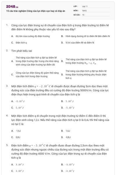 15 câu trắc nghiệm Công của lực điện cực hay có đáp án