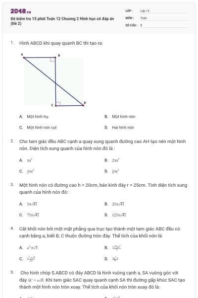 Đề kiểm tra 15 phút Toán 12 Chương 2 Hình học có đáp án (Đề 2)