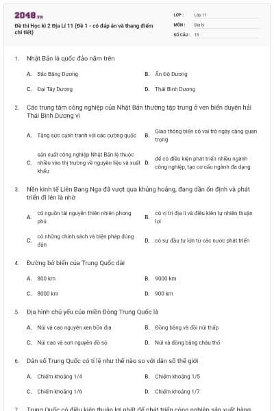 Đề thi Học kì 2 Địa Lí 11 (Đề 1 - có đáp án và thang điểm chi tiết)