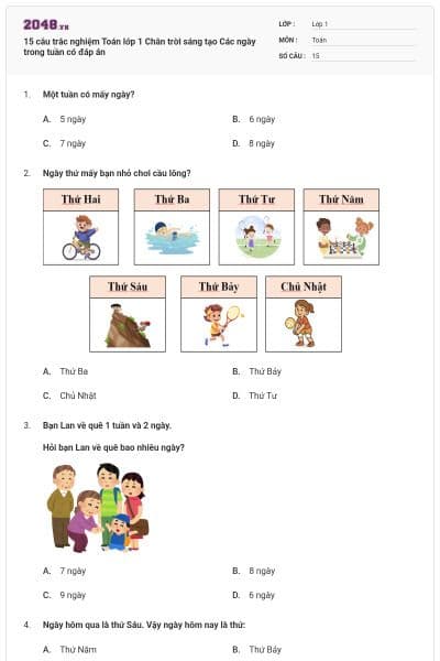 15 câu trắc nghiệm Toán lớp 1 Chân trời sáng tạo Các ngày trong tuần có đáp án