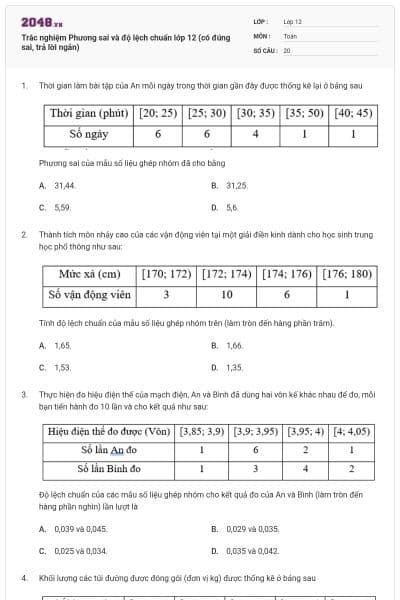 Trắc nghiệm Phương sai và độ lệch chuẩn lớp 12 (có đúng sai, trả lời ngắn)