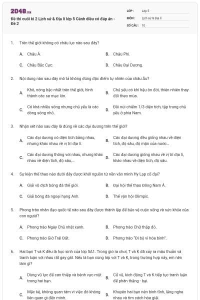 Đề thi cuối kì 2 Lịch sử & Địa lí lớp 5 Cánh diều có đáp án - Đề 2