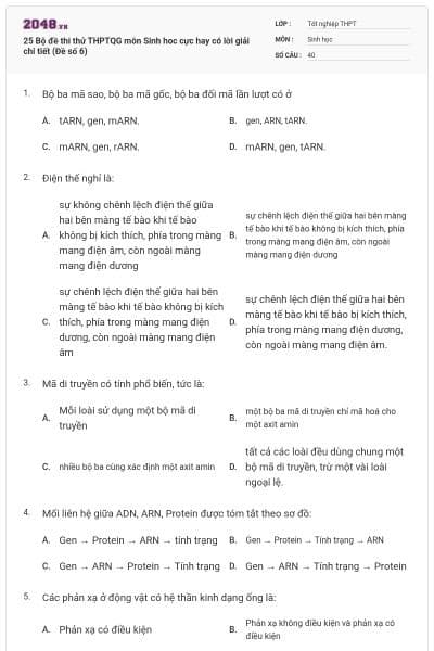 25 Bộ đề thi thử THPTQG môn Sinh hoc cực hay có lời giải chi tiết (Đề số 6)