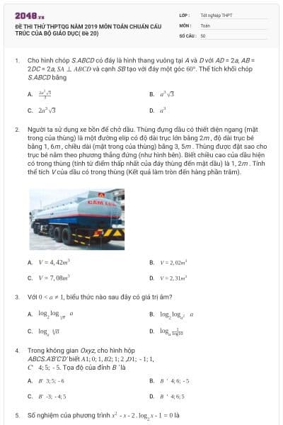 ĐỀ THI THỬ THPTQG NĂM 2019 MÔN TOÁN CHUẨN CẤU TRÚC CỦA BỘ GIÁO DỤC( Đề 20)