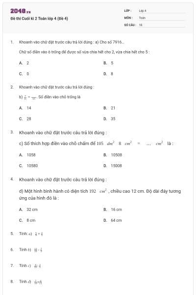 Đề thi Cuối kì 2 Toán lớp 4 (Đề 4)