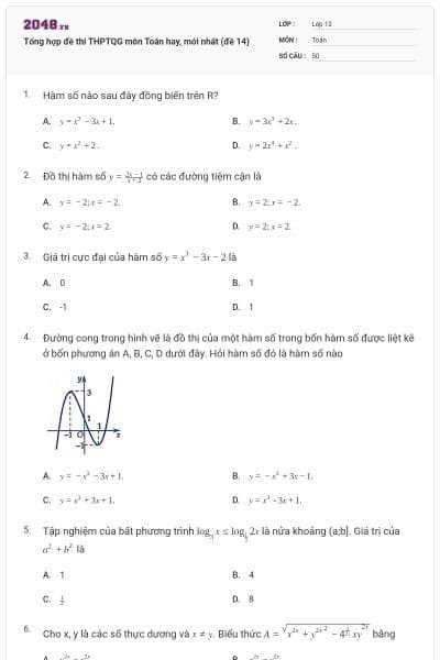 Tổng hợp đề thi THPTQG môn Toán hay, mới nhất (đề 14)
